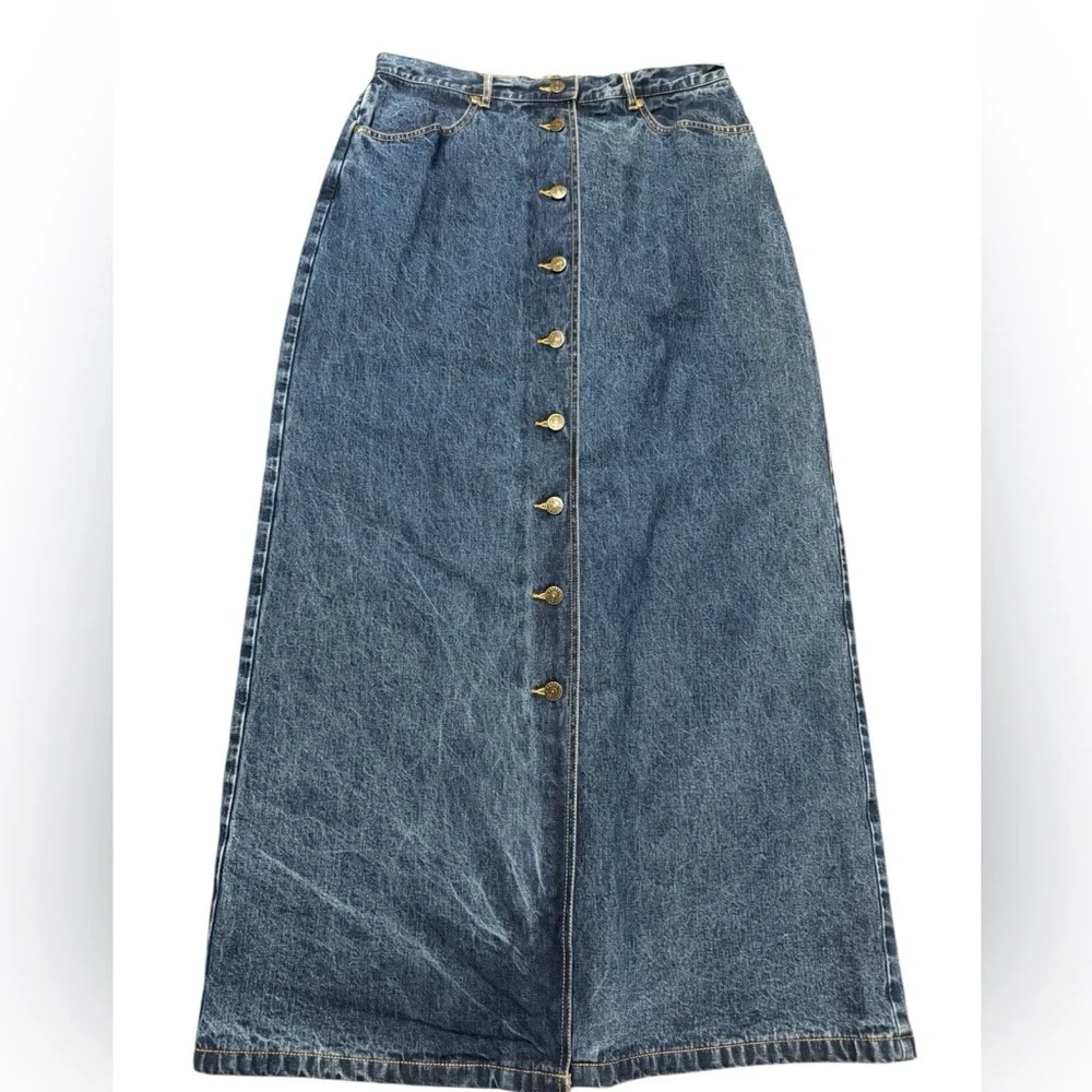 Eddie Bauer Longline Button-Front Flannel Lined Denim Maxi Skirt Size 10 Tall